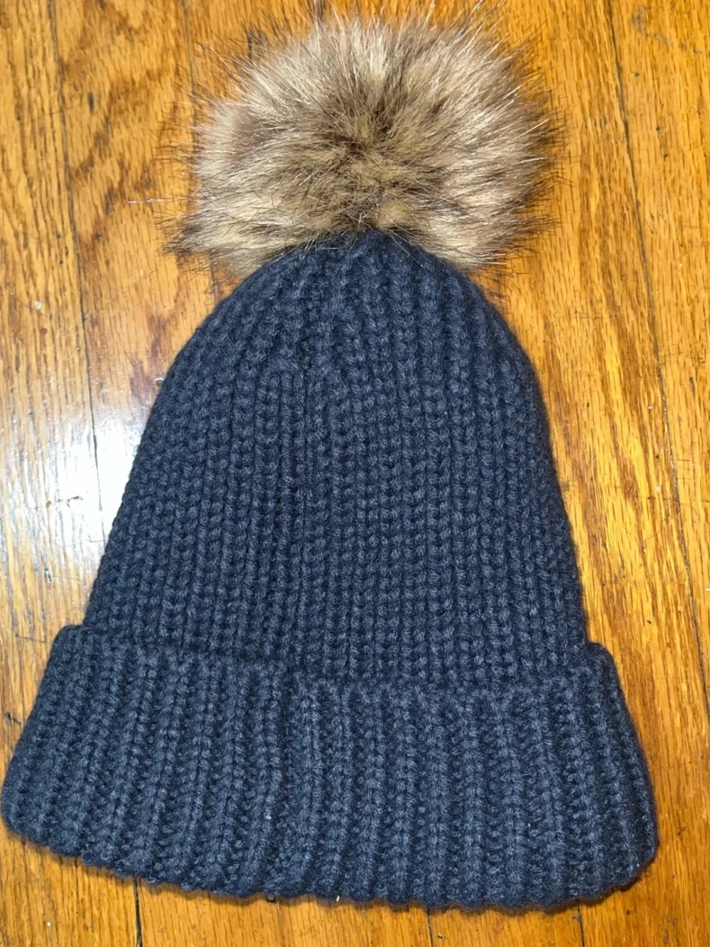 Steve Madden Blue Knit Pom Beanie Hat with Brown Faux Fur Pom OS
